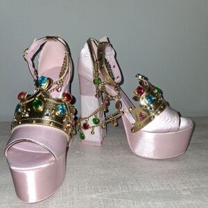 NIP Dolls Kill Sugar Thrillz Pink Crowned Charmer Size 8 Platform Heels!